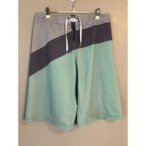 OP FLEX 4-Way Stretch Board Shorts 28 Gray Mint Stripe Surf Swim Coastal Cool